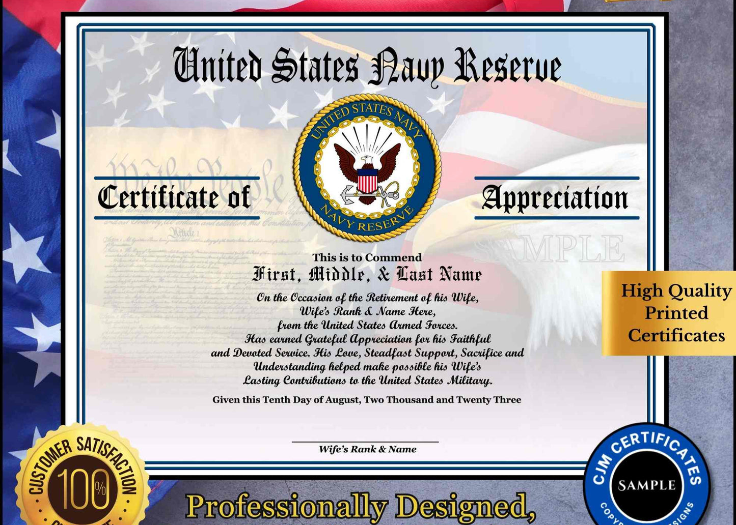 A personalized military retirement husband appreciation certificate with a blue and white color scheme, featuring the United States Navy Reserve emblem, flags, and a customized message.