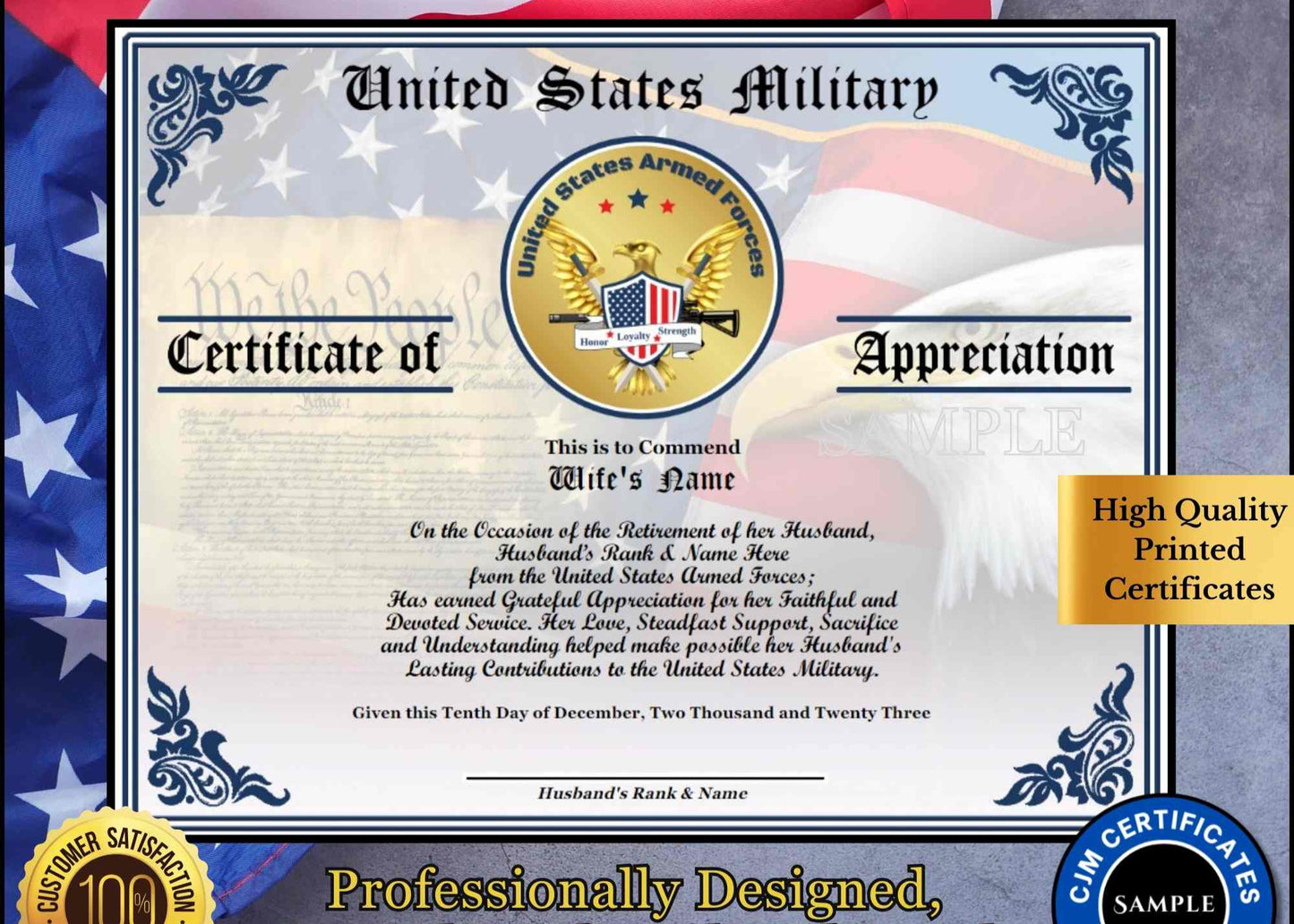 A personalized military retirement wife appreciation certificate with a blue and white color scheme, featuring the United States Armed Forces emblem, the recipient's name, and a congratulatory message.
