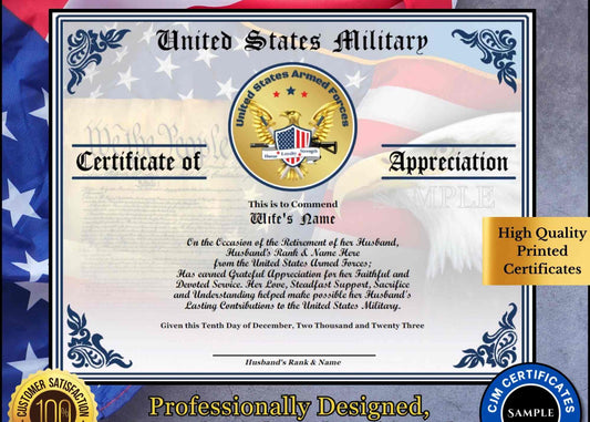 A personalized military retirement wife appreciation certificate with a blue and white color scheme, featuring the United States Armed Forces emblem, the recipient's name, and a congratulatory message.