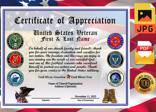 40 Ministry Veteran Certificates of Appreciation: Veterans Day Gift, All Branches, Add Names, Self-Design (PDF/JPG) 034