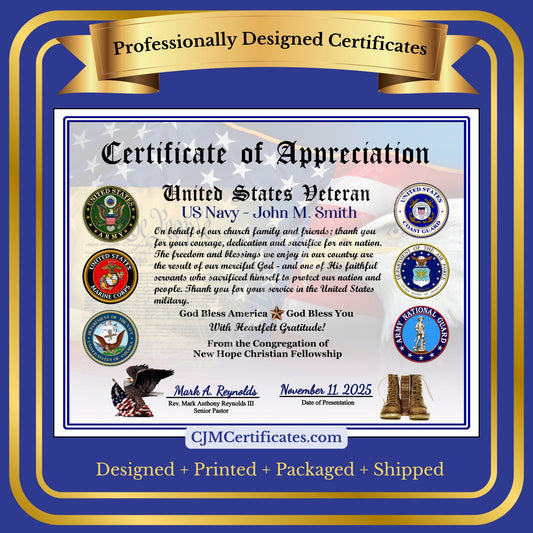 Ministry Veteran Appreciation Certificates D1