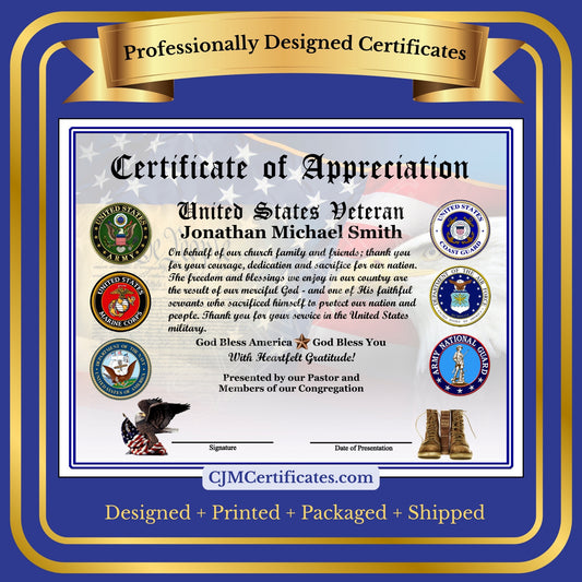 P07 Printed Veterans Appreciation Certificates