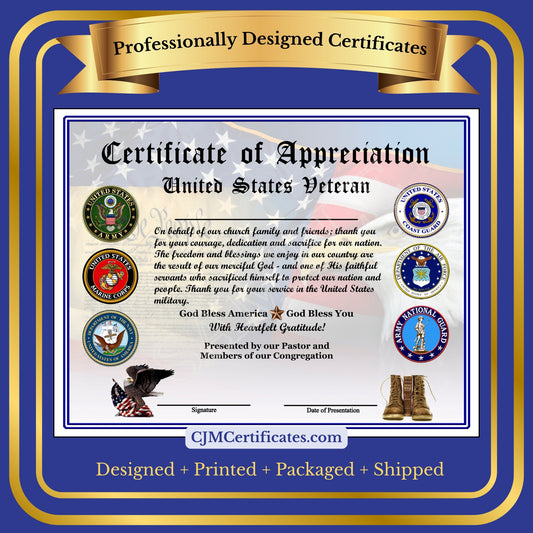 Ministry Veteran Appreciation Certificates with Line D1