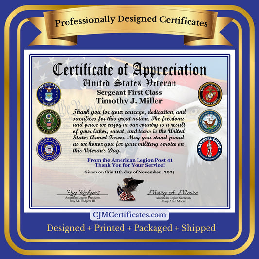 P08 Printed Veterans Appreciation Certificates