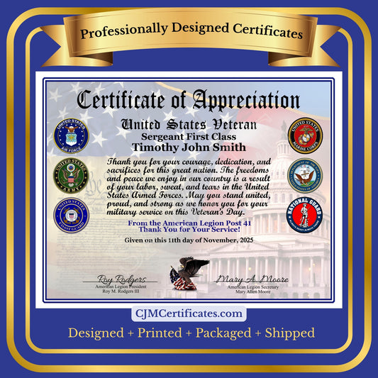 P09 Printed Veterans Appreciation Certificates