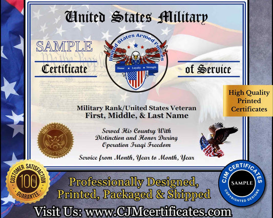 A sample image of a personalized U.S. Armed Forces Veteran Certificate of Service