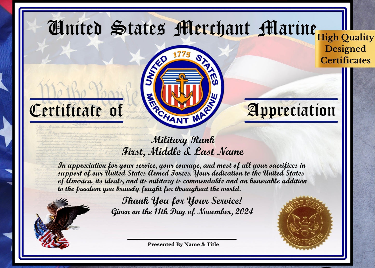 US Merchant Marine Veteran Appreciation Certificate A1