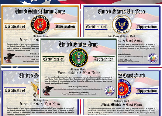 40 Veteran Certificates of Appreciation Pack: Veterans Day, All Branches, Unlimited Names, Self-Design (PDF/JPG) D1