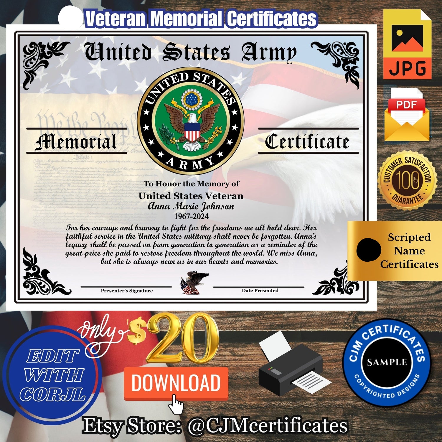 United States Army Veteran Memorial Certificate