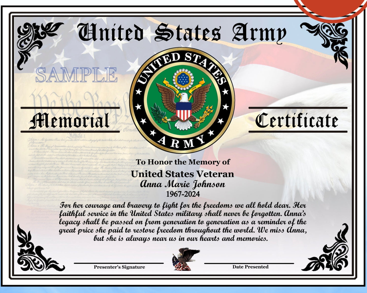 Veteran Female Memorial Certificate