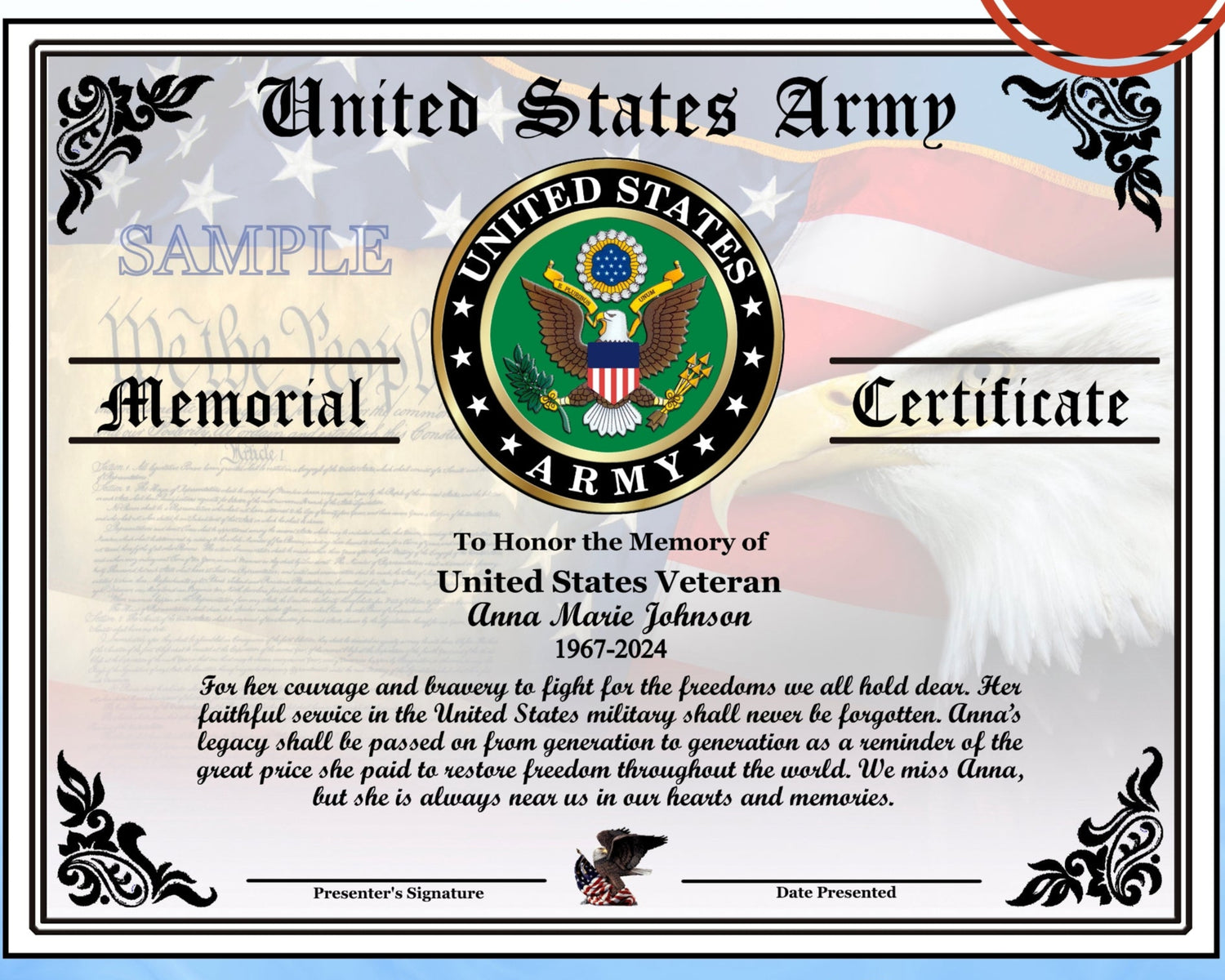 Veteran Female Memorial Certificate