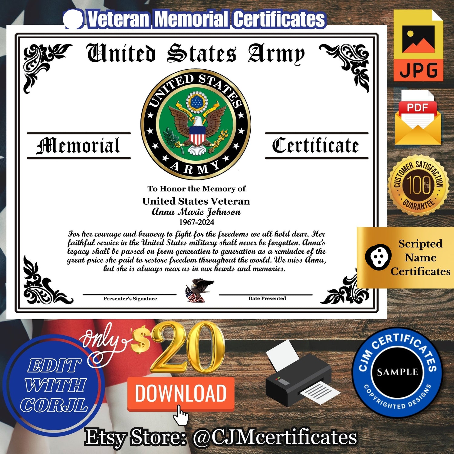 US Veteran Female Memorial Certificate