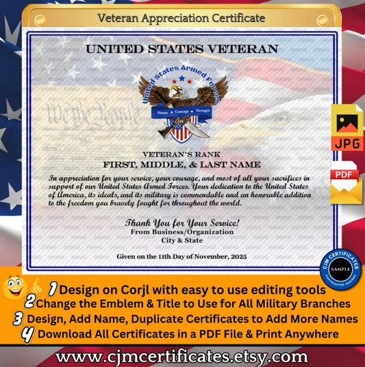 Custom Veteran Certificates for Organizations: Edit & Download 017