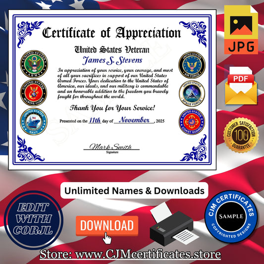 100+ Veteran Certificates of Appreciation: Veterans Day, All Branches, Unlimited Names, Self-Design (PDF/JPG) 147