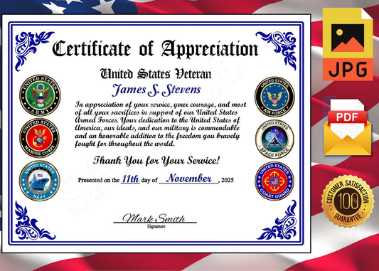 40 Veteran Certificates of Appreciation: Veterans Day, All Branches, Add Names, Self-Design (PDF/JPG) 147