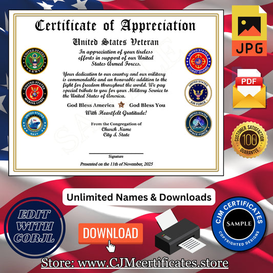 Custom Ministry Veteran Certificates: Edit & Download 058