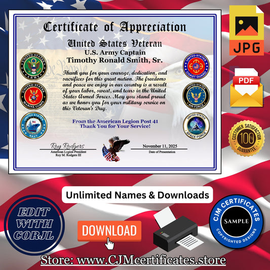 Custom Veteran Certificates: (2 Designs Attached) Edit & Download 018