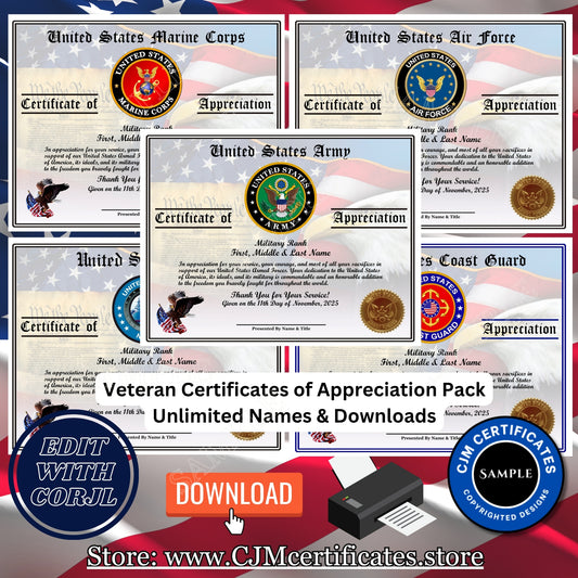 Custom Veteran Certificates Pack for Veterans Day Gifts: Edit & Download 003