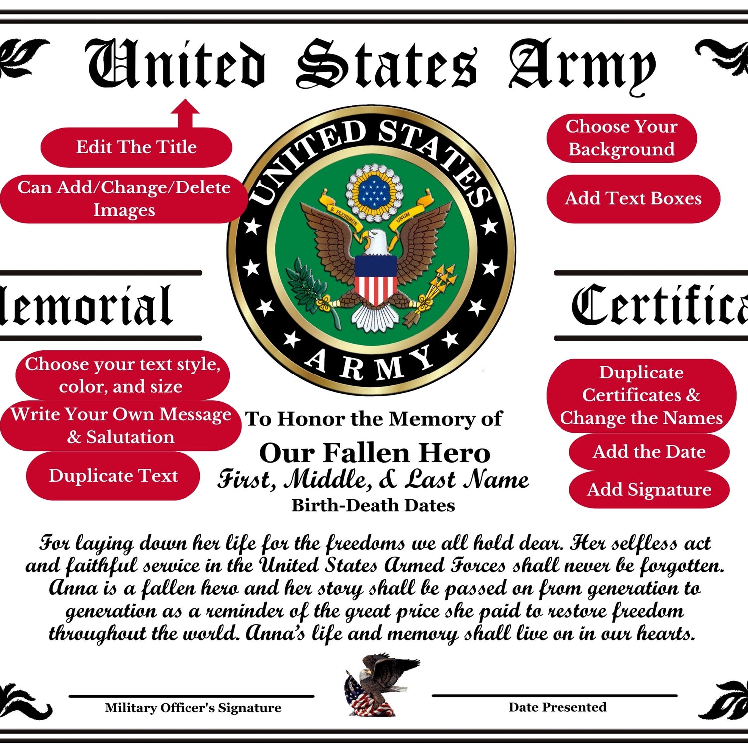 Customize your military memorial certificate
