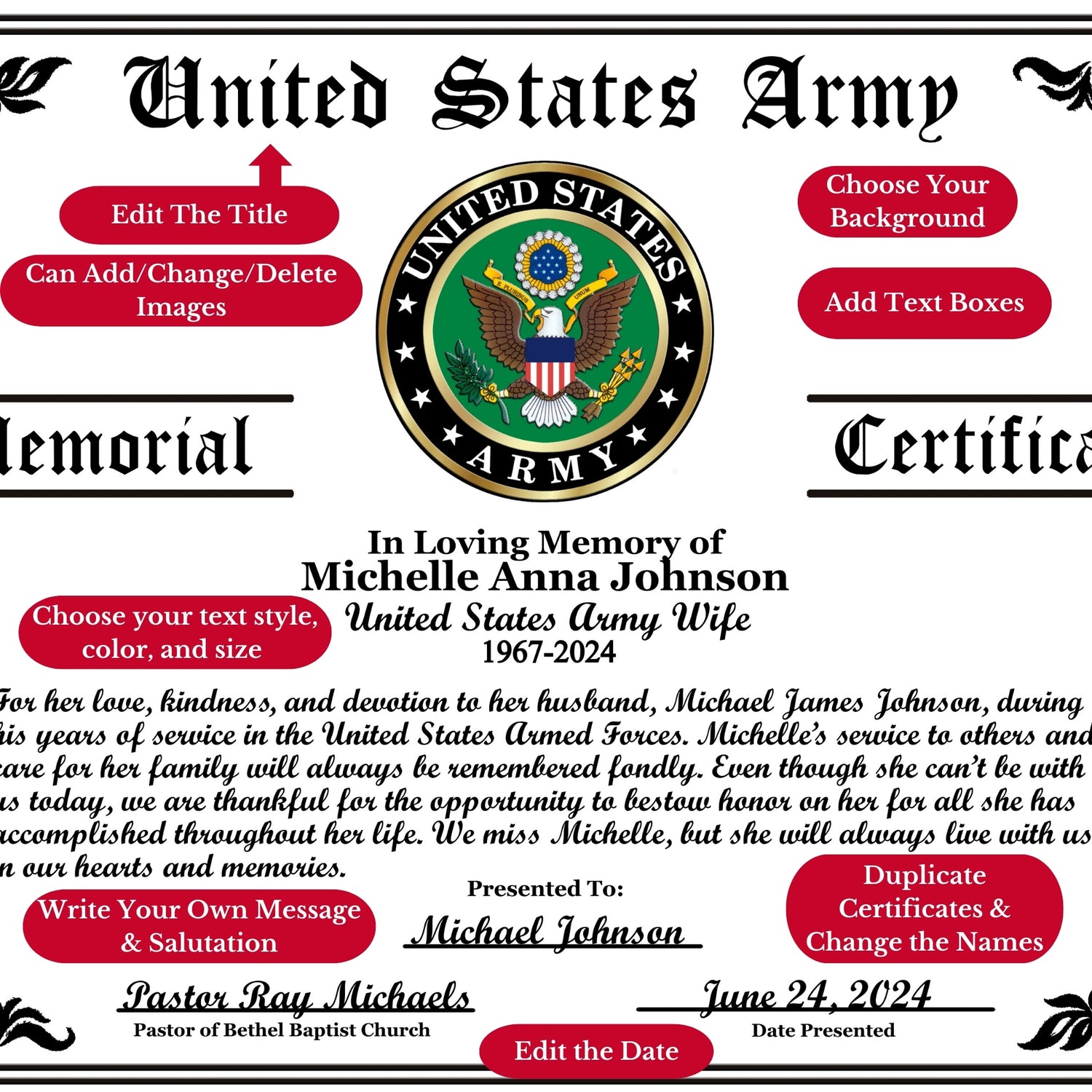 Personalized Military Veteran Memorial Certificates Editing Text