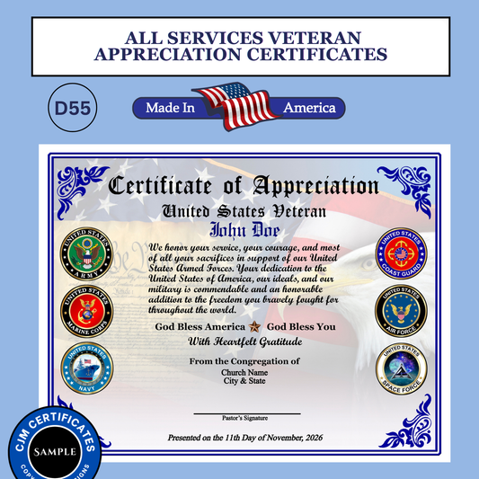 D55 Custom Ministry Veteran Certificates for Veterans Day Gifts: Edit & Download