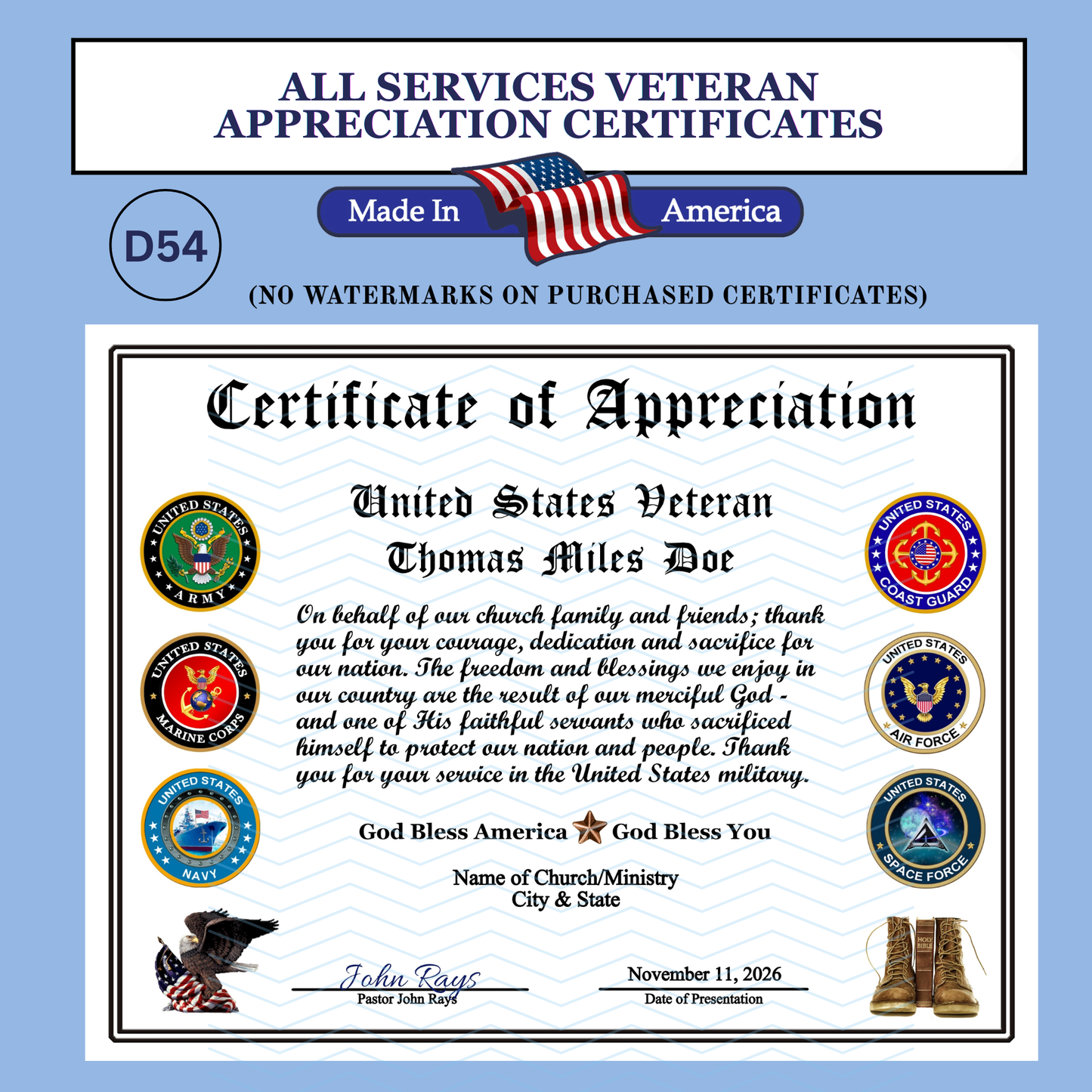 P-D54 Printed All Branches Veterans Day Certificates