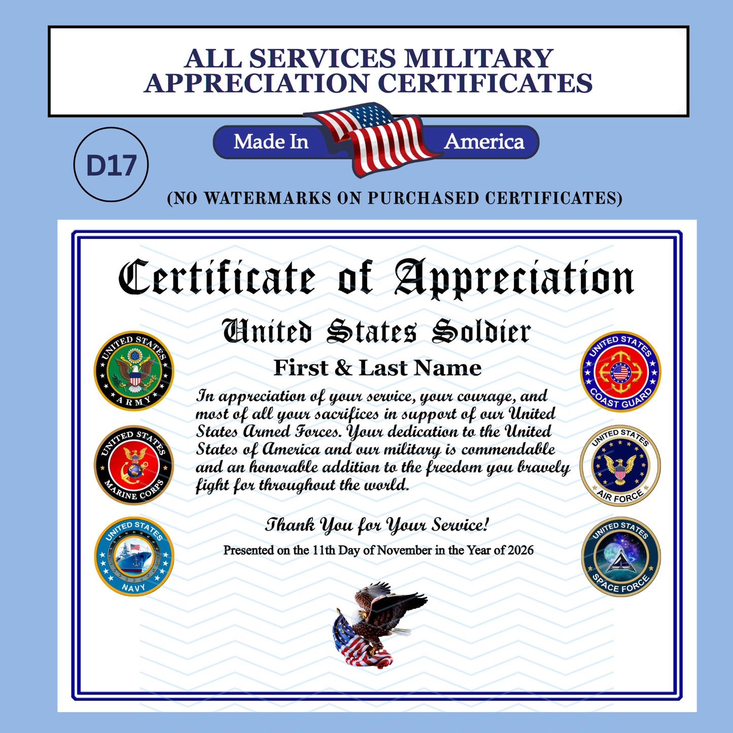 P-D17 Printed All Services Military Certificates