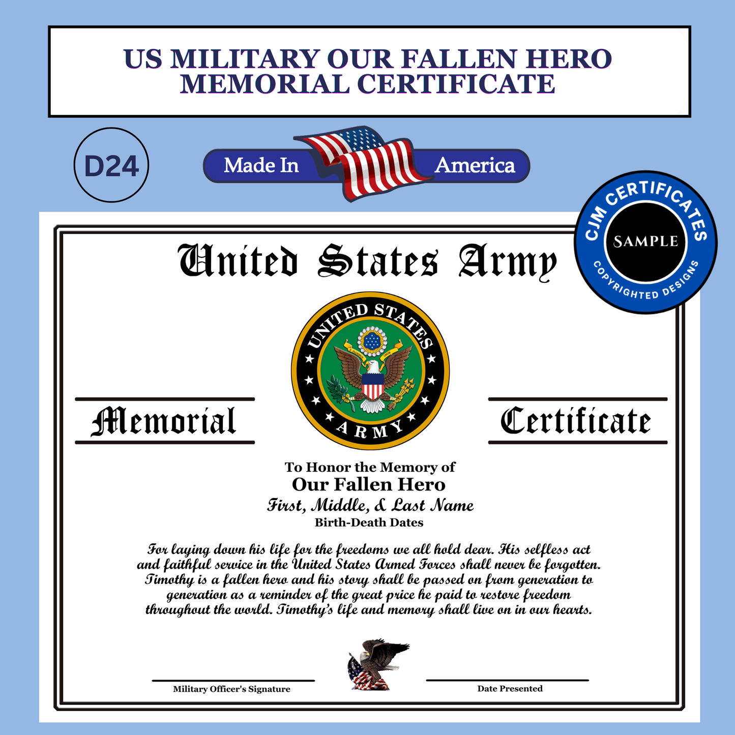 D24 US Military Fallen Hero Memorial Certificate: Edit & Download: Use for Any Branch