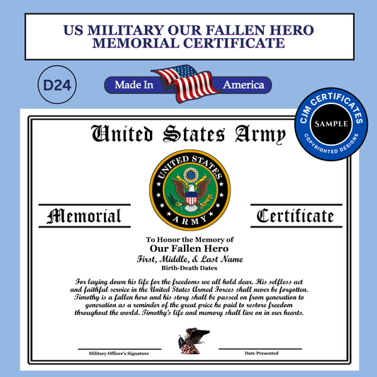 D24 US Military Fallen Hero Memorial Certificate: Edit & Download: Use for Any Branch