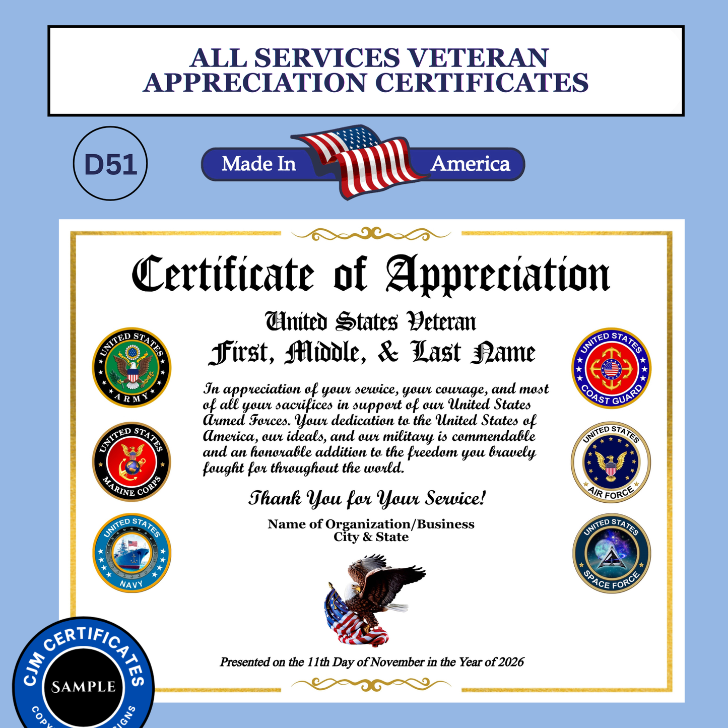 D51 Custom Veteran Certificates for Organizations: Edit & Download