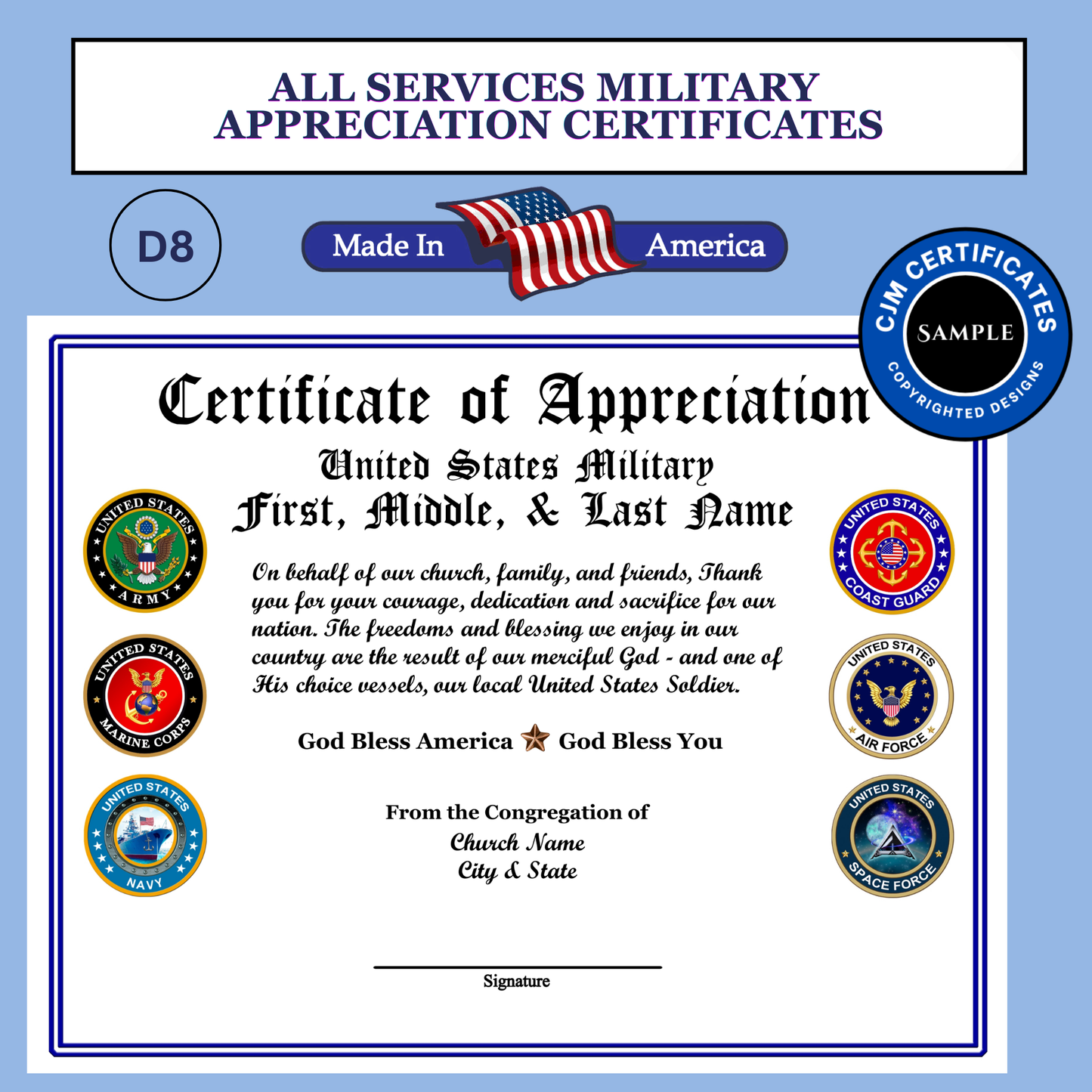 D8 Custom Military Certificates for Churches: Edit & Download
