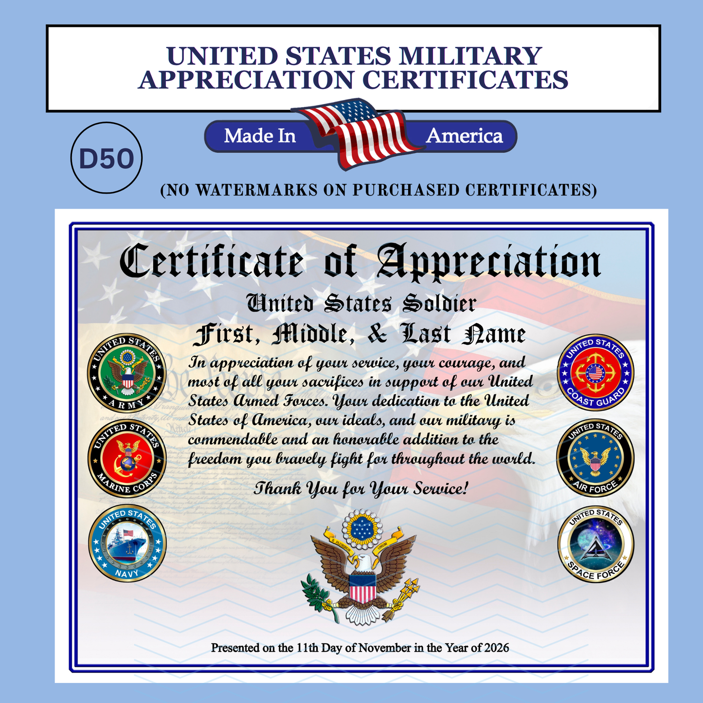 P-D50 Printed US All Services Military Certificates