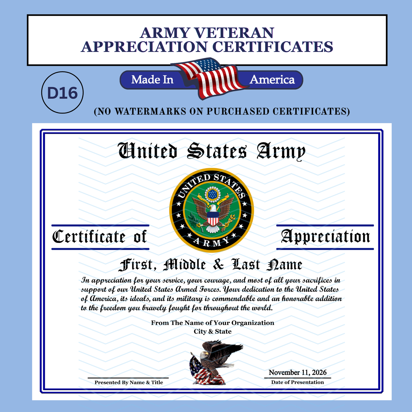 P-D16 Printed Army Veteran Appreciation Certificates