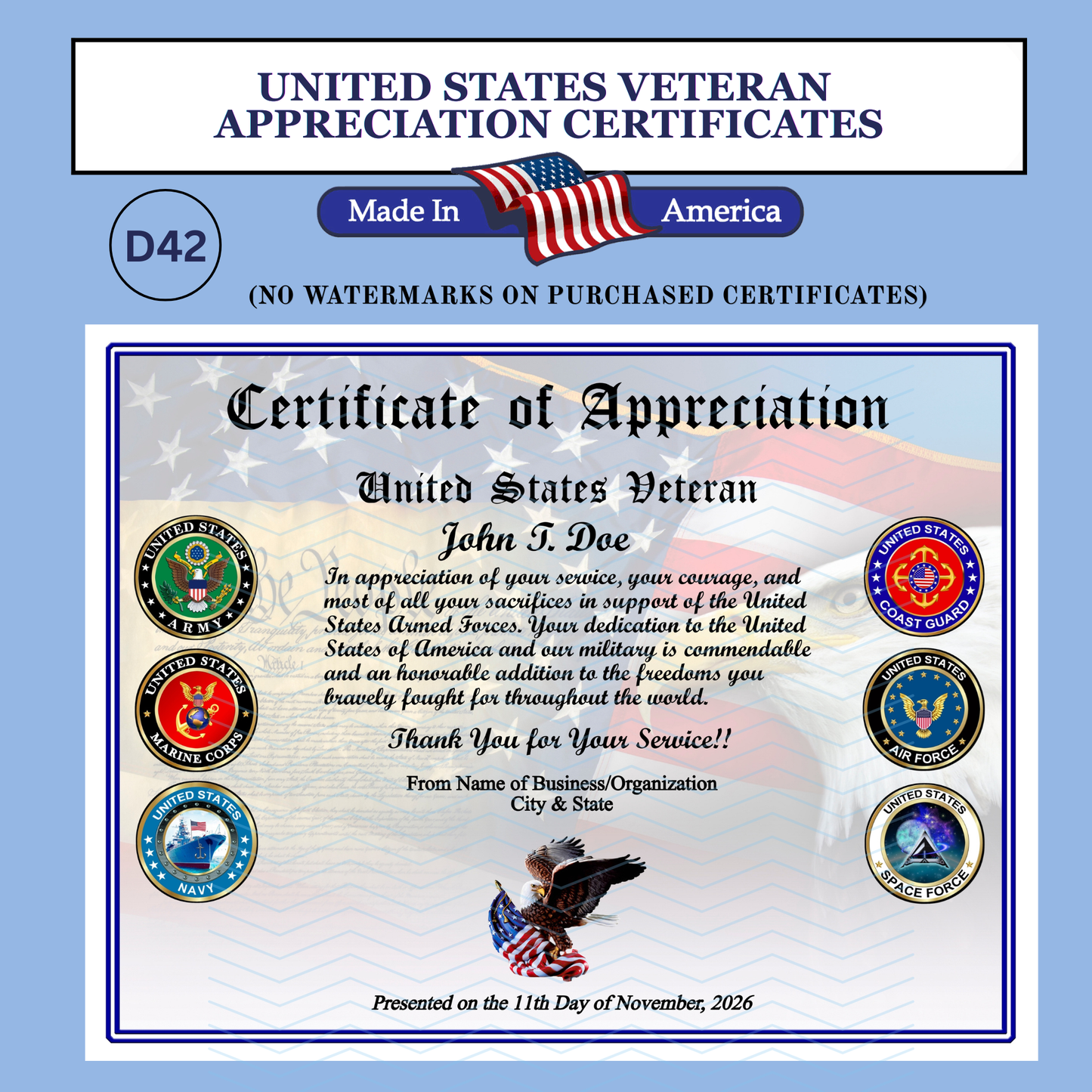P-D42 Printed All Branches Veterans Day Certificates
