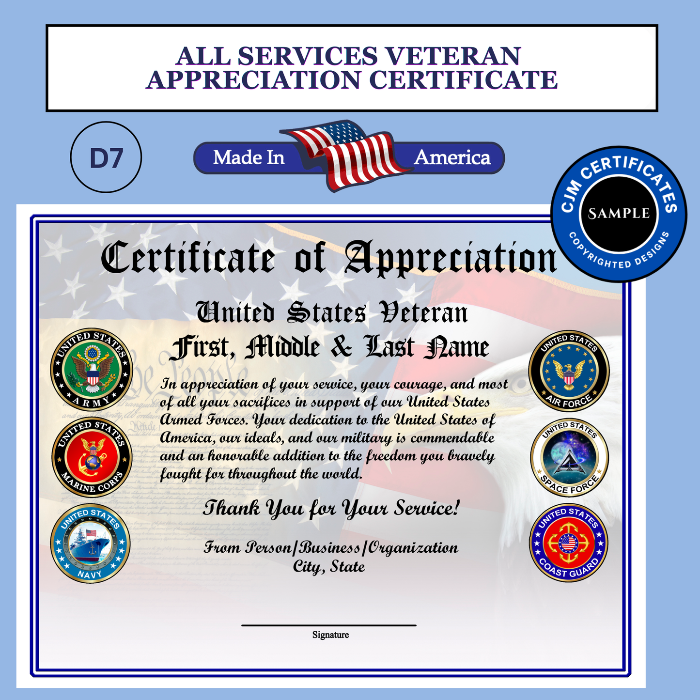 D7 Veteran Appreciation Certificates: Edit & Download