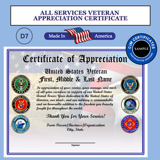 D7 Veteran Appreciation Certificates: Edit & Download