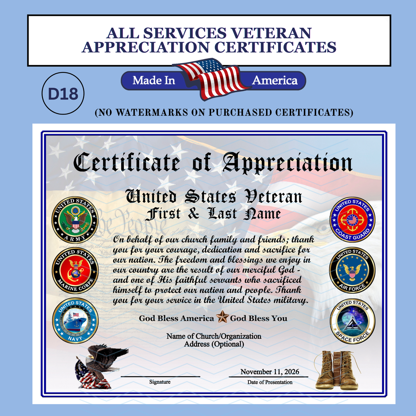 P-D18 Printed All Services Veteran Certificates