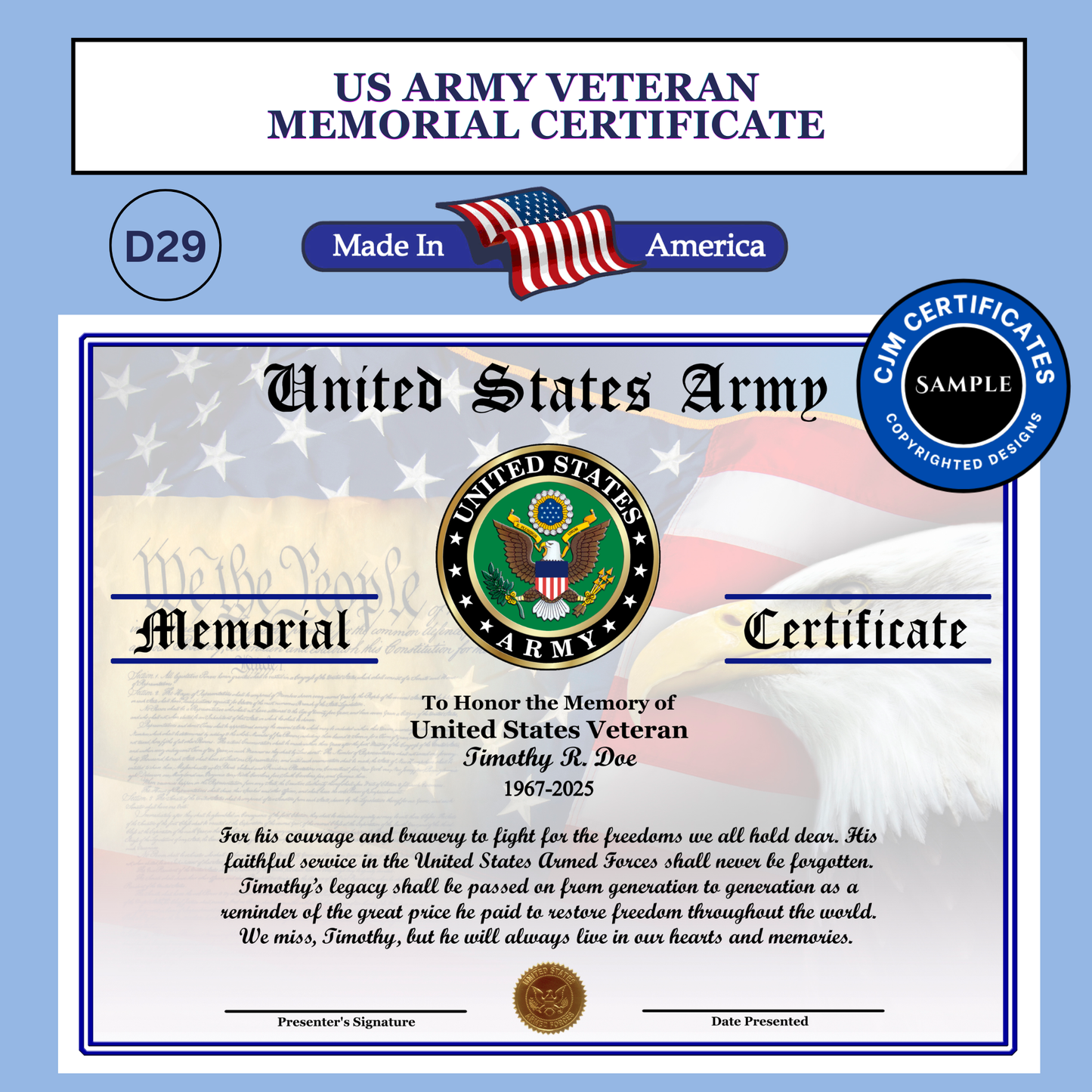D29 US Army Veteran Memorial Certificate: Edit & Download for All Branches