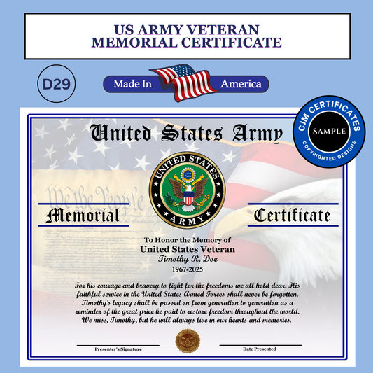 D29 US Army Veteran Memorial Certificate: Edit & Download for All Branches