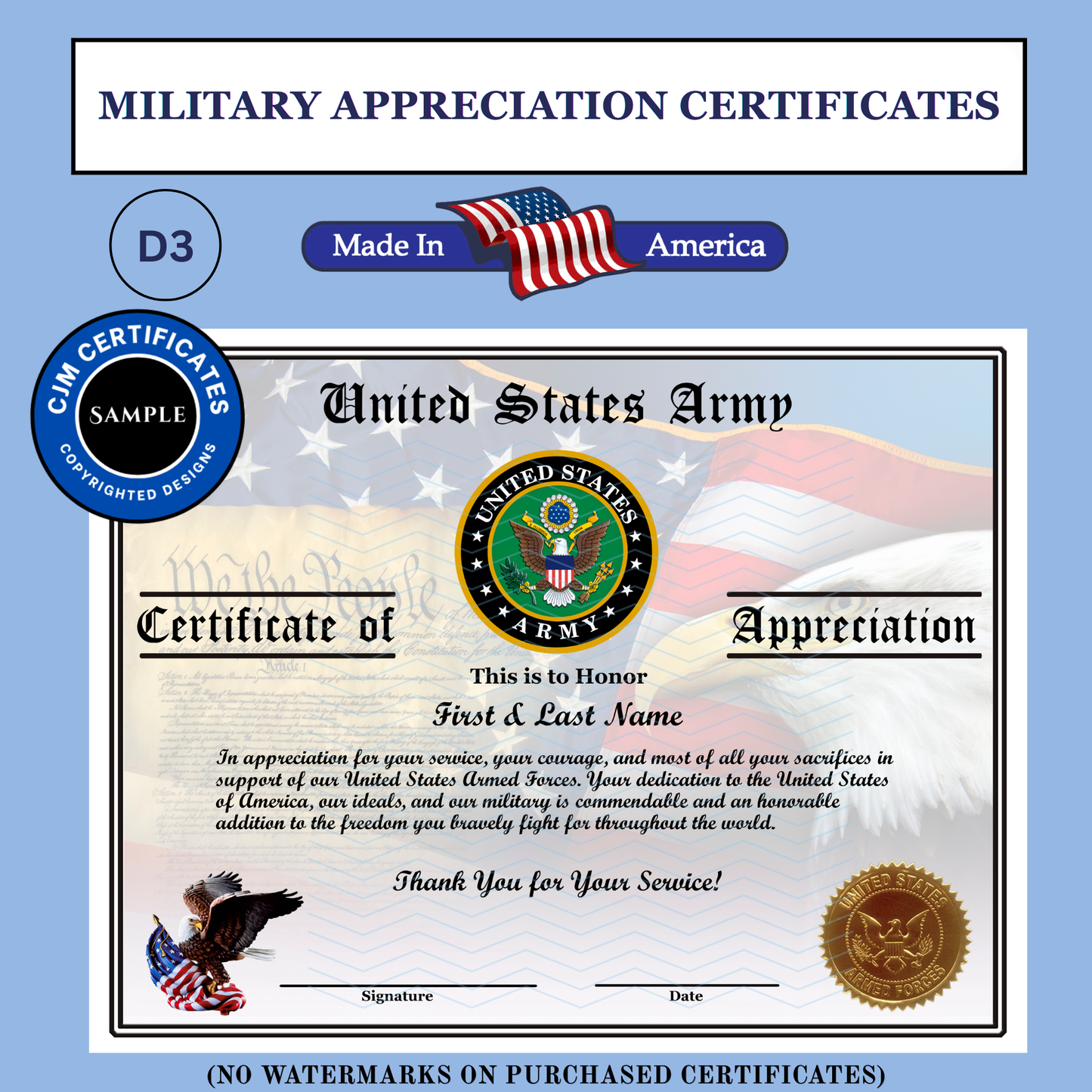 P-D3 Printed Veterans Day Certificates