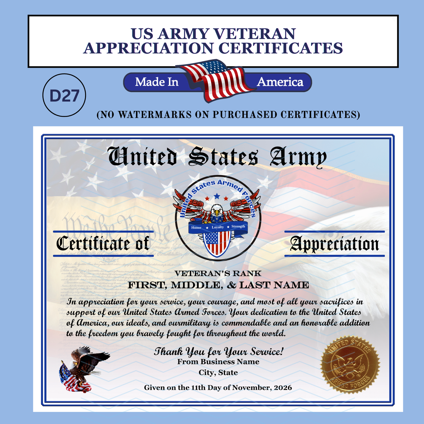 P-D27 Printed All Services Veterans Day Certificates
