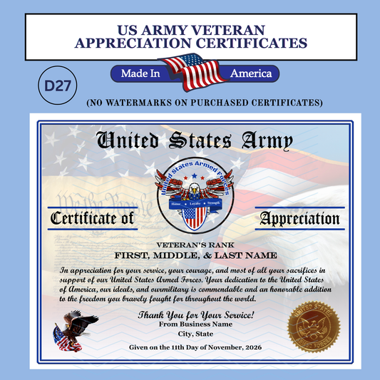 P-D27 Printed All Services Veterans Day Certificates
