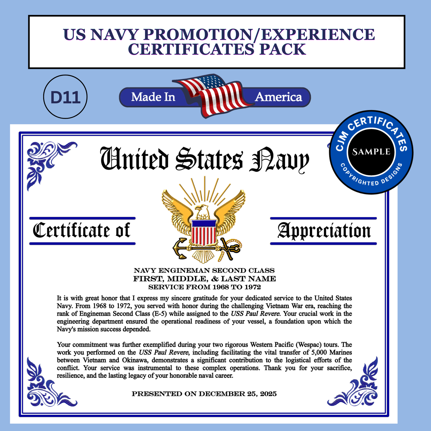 D11 US Navy Promotion/Experience Certificates Pack: Edit & Download