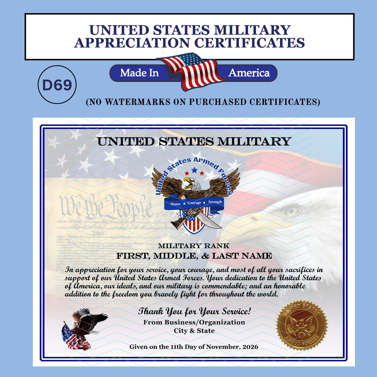 P-D69 Printed US Armed Forces Military Certificates