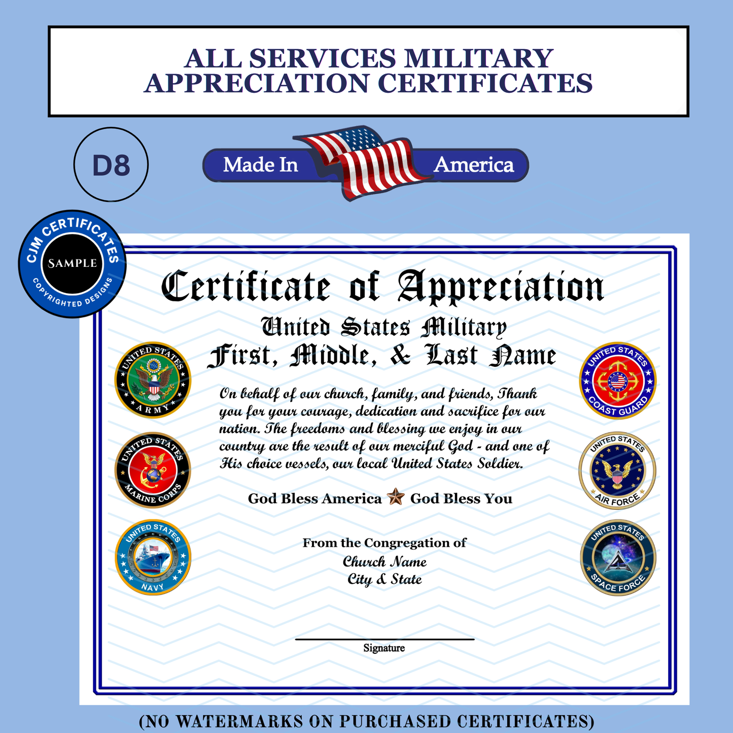 P-D8 Printed Military Day Certificates