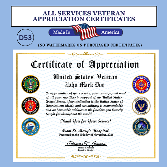 P-D53 Printed All Branches Veterans Day Certificates