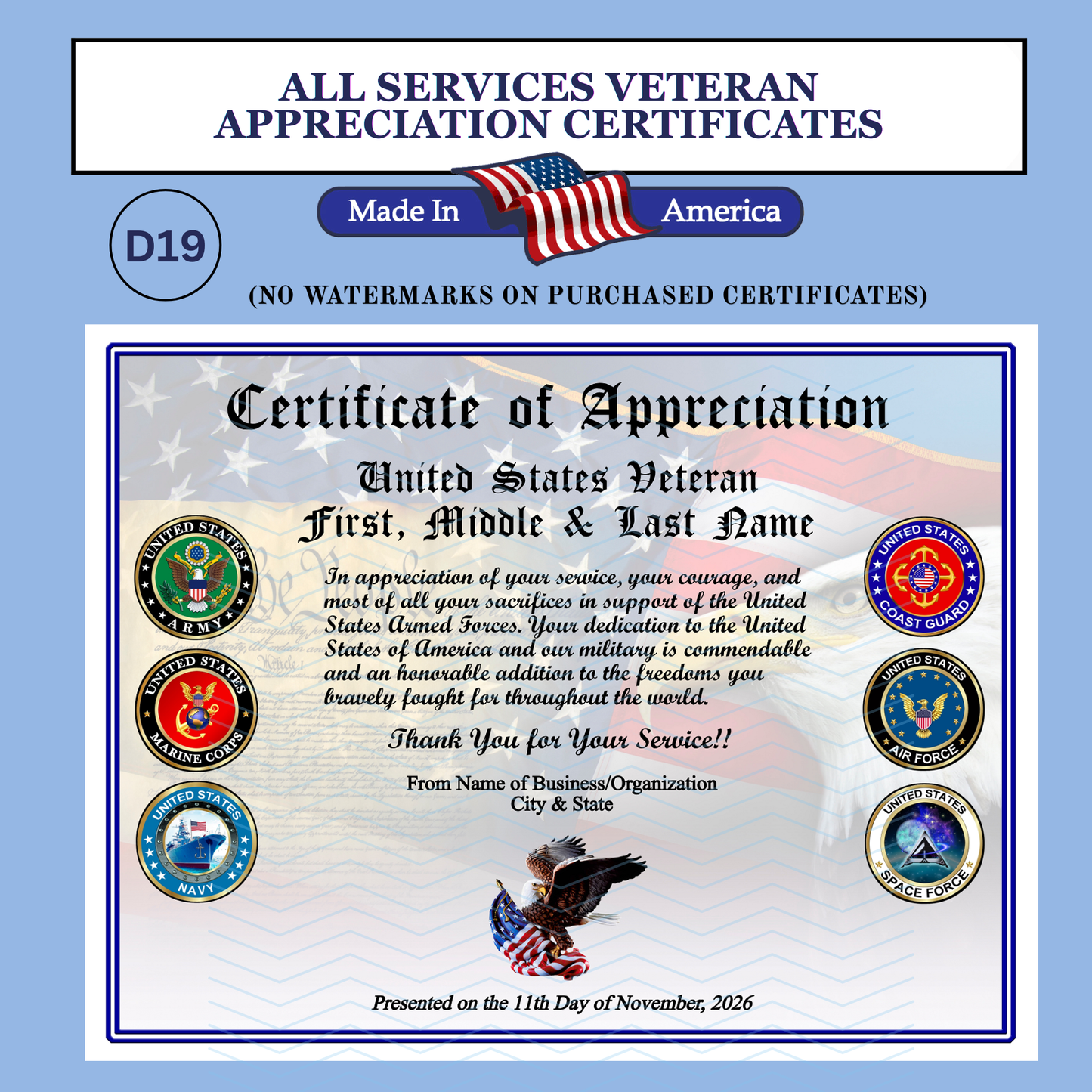 P-D19 Printed All Services Veterans Day Certificates