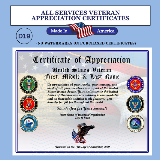 P-D19 Printed All Services Veterans Day Certificates