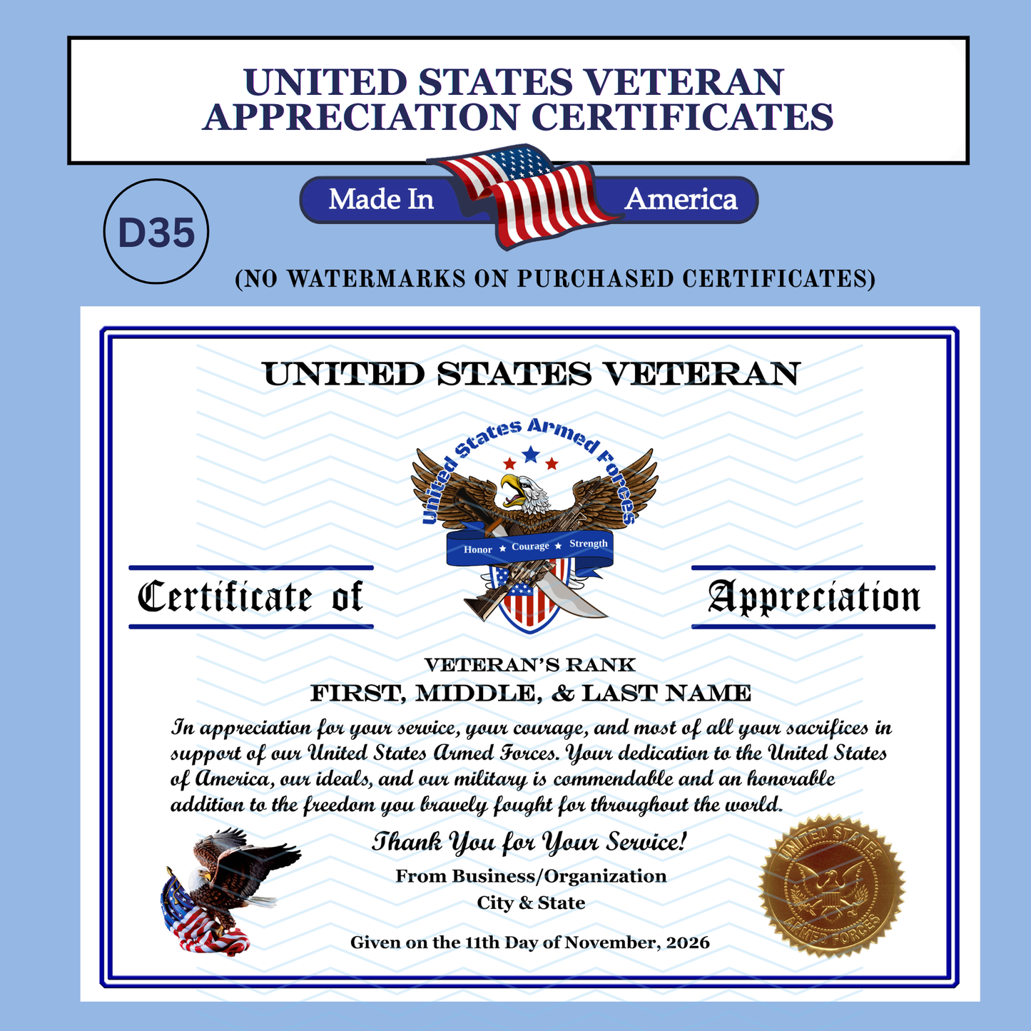 P-D35 Printed Veterans Day Certificates
