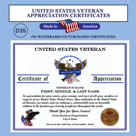 P-D35 Printed Veterans Day Certificates